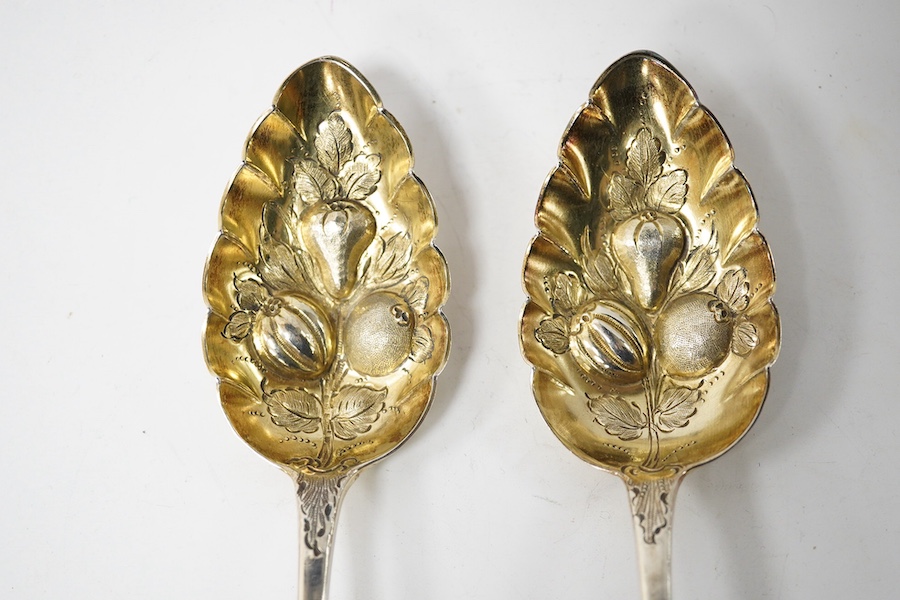 A pair of George III Irish engraved silver berry spoons, by J. Brady, Dublin, 1799, 23.8cm, 143 grams. Condition - fair